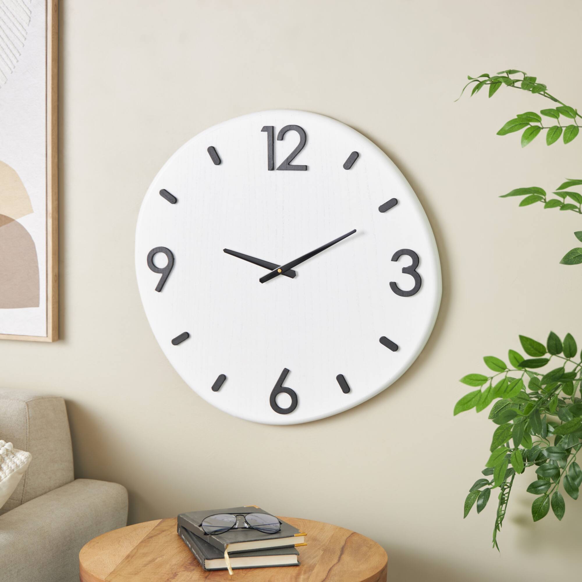 24" x 23" White Wood Round Decorative Wall Clock with Black Hands & Numbers